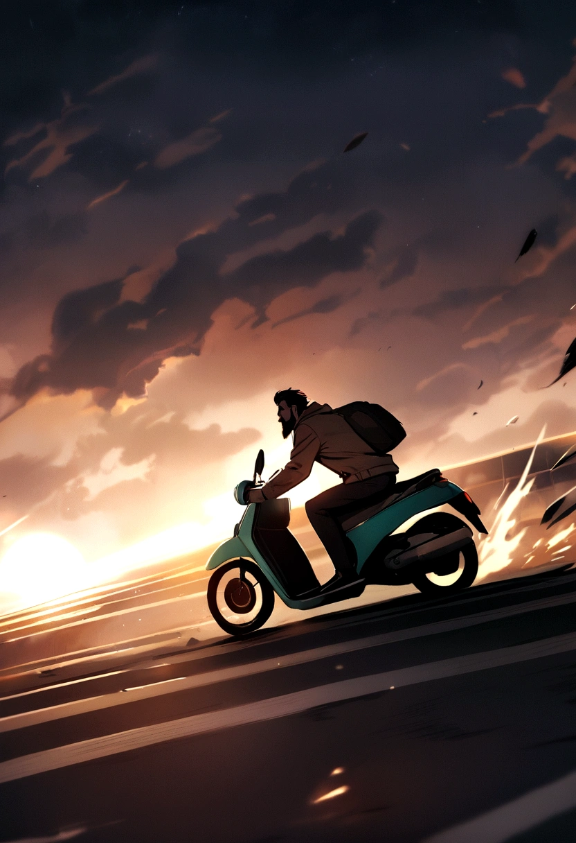  man in the distance with medium brown hair and medium beard on a scooter crashing 