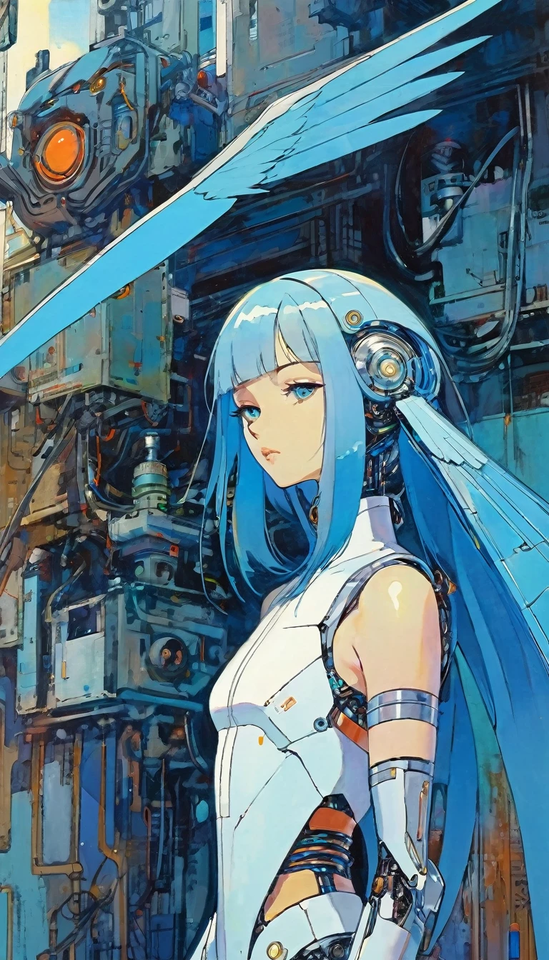 houjuu nue, asymmetrical metallic wings, mechanical parts, cyborg, Wambu, Wambu_Draws, long blue hair, futuristic world scene background (art inspired by Bill Sienkiewicz). oil painting)