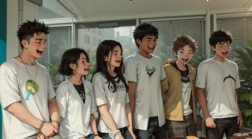 A group of 16-year-olds with t-shirts, there are teenage women and men, they are happy, singing and laughing at a party, they are sitting on a sofa enjoying drinks and food.