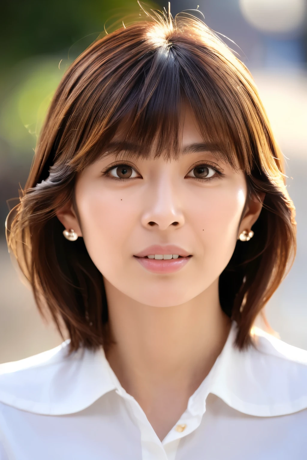 (8k, RAW photos, top quality, masterpiece: 1.2), ultra detailed, super resolution, (real photos: 1.37), portraits, high definition RAW color photos, professional photos, official art, highly detailed CG Unity 8k wallpapers, beautiful Japanese woman, {30|40} years old, highly detailed faces, Highly detailed eyes, highly detailed skin, Highly detailed nose, Highly detailed mouth, Perfect anatomy, Highly detailed background, Highly detailed clothing, One Girl, famous Japanese actress, realistic body, white skin, radiant skin, slim body, handsome body, brown hair, {short|long} braid hair, (blunt bangs:1.2), cute face, slight smile, Realistic Face, White shirt, Earrings, Camera Gaze, Cowboy Shot, Standing Figure, Dynamic Lighting,
