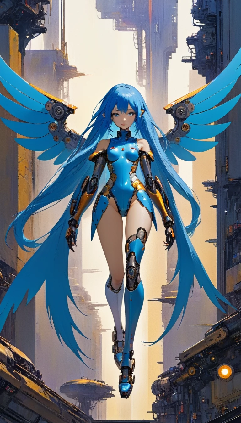 houjuu nue, asymmetrical metallic wings, mechanical parts, cyborg, Wambu, Wambu_Draws, long blue hair, futuristic world scene background (art inspired by Bill Sienkiewicz). oil painting)
