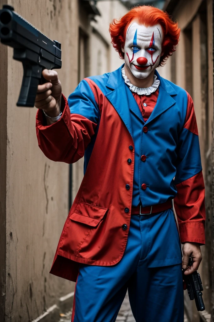 clown man,Red hair,blue clothes and a gun