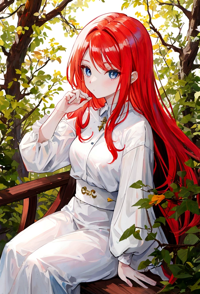a beautiful woman with long orange hair dressed in a long white full-sleeve garment sitting on the grass under a tree with a slightly sad look and a smile on her face, patting her adorable cute little blonde sleeping daughter.