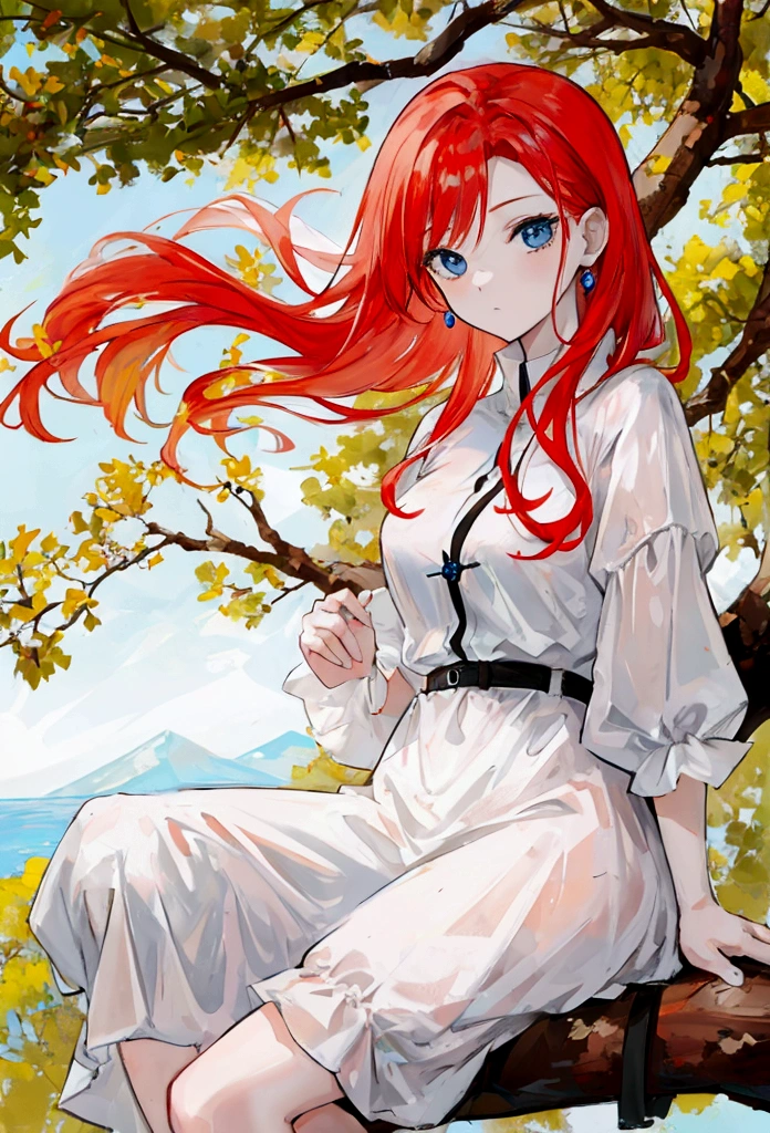 (work of art), 1 redhead, white , com olhos castanhos, sitting in a tree
