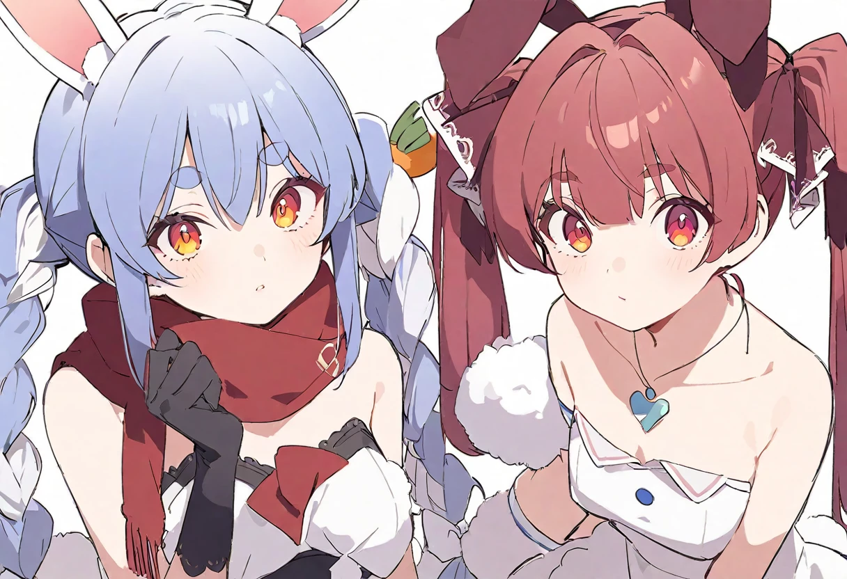 delicate、masterpiece、Highest quality、2 peopleの女の子、2 peopleだけ、2 people、virtual、Aquamarine、cute、(((Houshou Marine，cute、Redhead、Twin tails in a high position，Straight Hair、distinct eyes，The left eye is yellow and the right eye is red.，Red belly-baring outfit、A red scarf and a light blue pendant on her chest、White gloves、Haveは無し.)))、(((Usada Pekora、Used Pekora、cute、Light blue and white hair、Braided twin tails、A carrot is stuck in the braid、Orange and yellow gradient eyes、Cute big eyes、White fluffy cute clothes、Bunny scarf、Black gloves、Fluffy bunny ears、Have．)))、White Background、Flat Color、sketch
