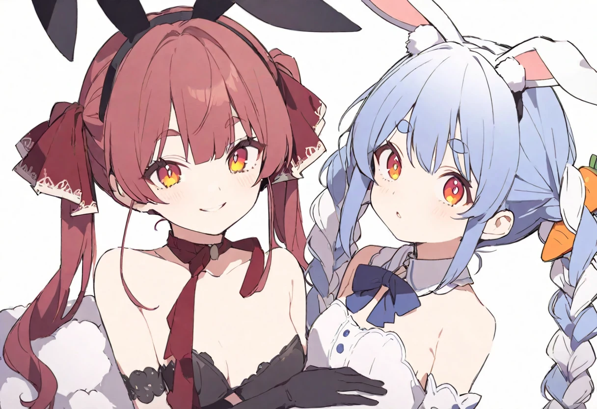 delicate、masterpiece、Highest quality、2 peopleの女の子、2 peopleだけ、2 people、virtual、Aquamarine、cute、(((Houshou Marine,cute、Redhead、Twin tails in a high position,Straight Hair、distinct eyes,The left eye is yellow and the right eye is red.,Red belly-baring outfit、A red scarf and a light blue pendant on her chest、White gloves、Haveは無し.)))、(((Usada Pekora、Used Pekora、cute、Light blue and white hair、Braided twin tails、A carrot is stuck in the braid、Orange and yellow gradient eyes、Cute big eyes、White fluffy cute clothes、Bunny scarf、Black gloves、Fluffy bunny ears、Have.)))、White Background、Flat Color、sketch