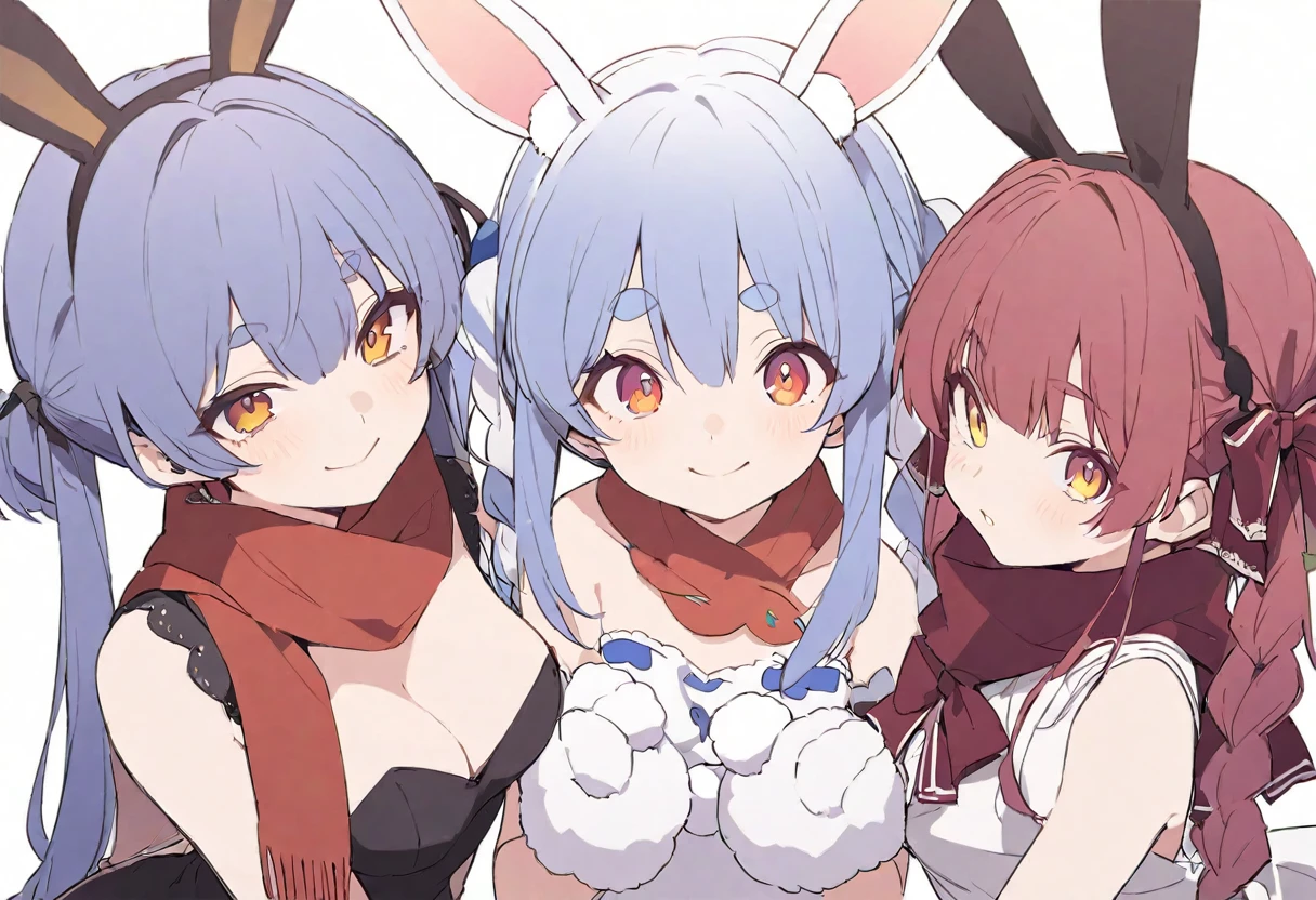 delicate、masterpiece、Highest quality、2 peopleの女の子、2 peopleだけ、2 people、virtual、Aquamarine、cute、(((Houshou Marine,cute、Redhead、Twin tails in a high position,Straight Hair、distinct eyes,The left eye is yellow and the right eye is red.,Red belly-baring outfit、A red scarf and a light blue pendant on her chest、White gloves、Haveは無し.)))、(((Usada Pekora、Used Pekora、cute、Light blue and white hair、Braided twin tails、A carrot is stuck in the braid、Orange and yellow gradient eyes、Cute big eyes、White fluffy cute clothes、Bunny scarf、Black gloves、Fluffy bunny ears、Have.)))、White Background、Flat Color、sketch