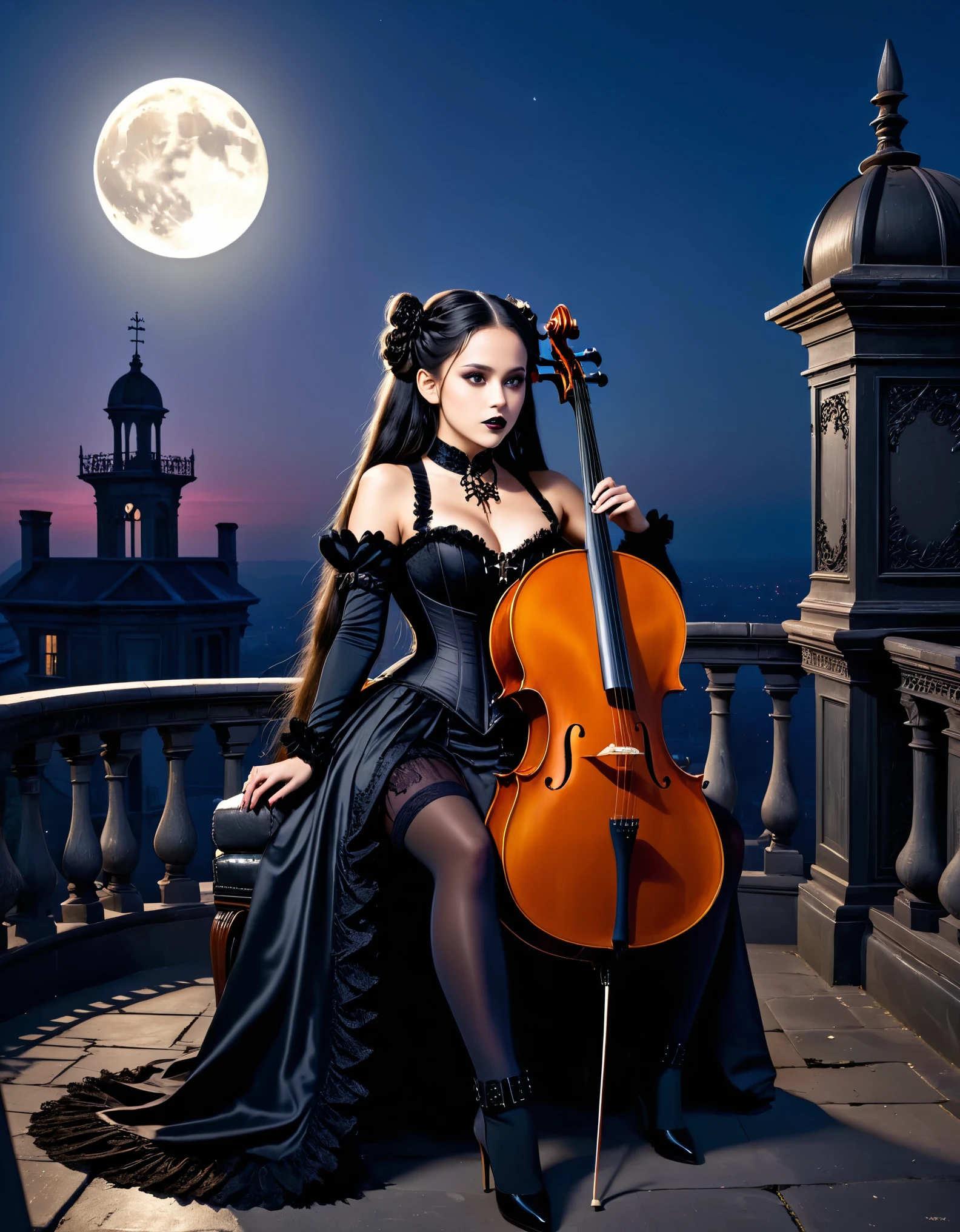 A young woman with long black hair styled in two braids and wears minimal makeup with dark eyeliner, black lipstick, sexy goth, Wednesday Addams (Jenna Ortega). Jenna Ortega as Wednesday Addams. The setting is on the roof top of an old decaying mansion at midnight with a big bright full moon in the background. Wednesday is sitting in an old luxury ornate high back chair (playing a large cello:1.6). She is wearing black ornate fabric choker, black corset, black short feathered dress with black stockings. A peculiar, lifelike severed hand is on her shoulder, adding an element of mystery. The lighting is eerie, coming from an unseen source, creating a since of mystery and intriguing atmosphere. Hyper realistic photo, vibrant colors, 16k.