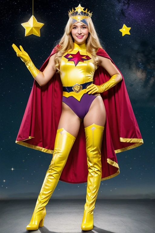MASTERPIECE, Electra Woman, Metallic red leotard, gold belt, yellow boots, blonde hair, hair down, standing, facing the camera