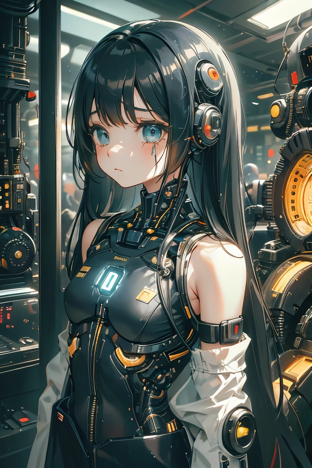   girl, long black hair, sad crying face, half mechanical face mechanical jaw, cyborg arm, cyborg leg , loli girl , loli body , body connected to machines, power wires, blue light , bra . Futuristic 