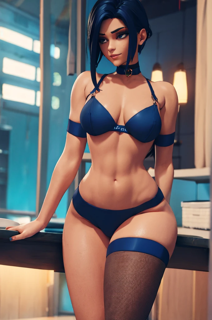 cute and sexy girl with very short dark blue hair, blue stockings, blue long glovess, black choker, small breast size, white pale skin, night