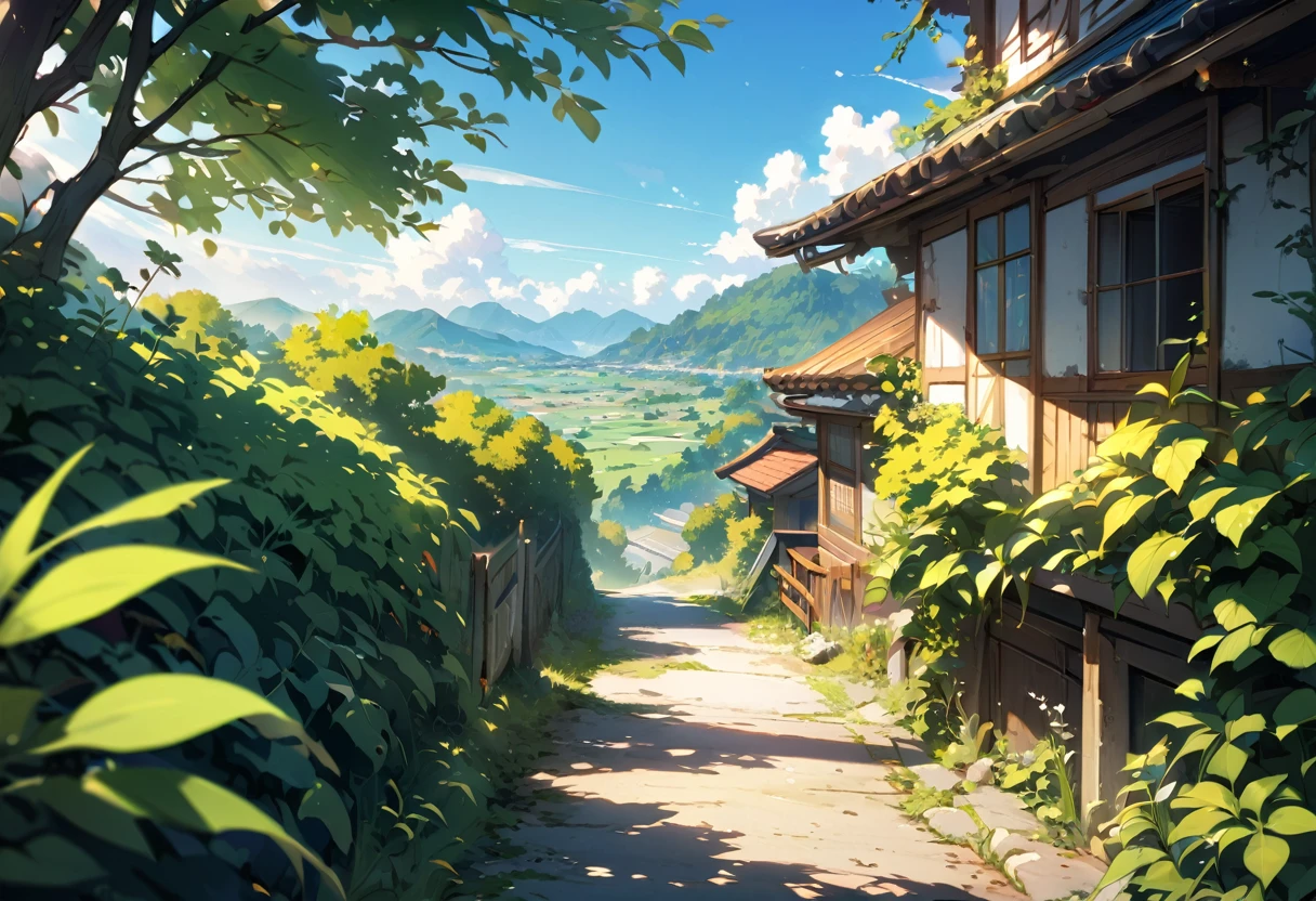 The bright sun peeking through the leaves,Highest quality,masterpiece,landscape,Midday,Blue sky