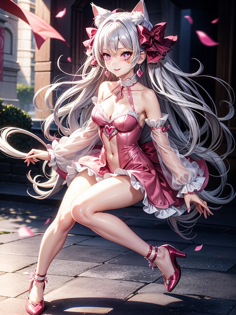 Silver hair, pink eyes, body, cat ears, woman, earrings, fantasy background, pink red clothes, hair bows, happy face, full body