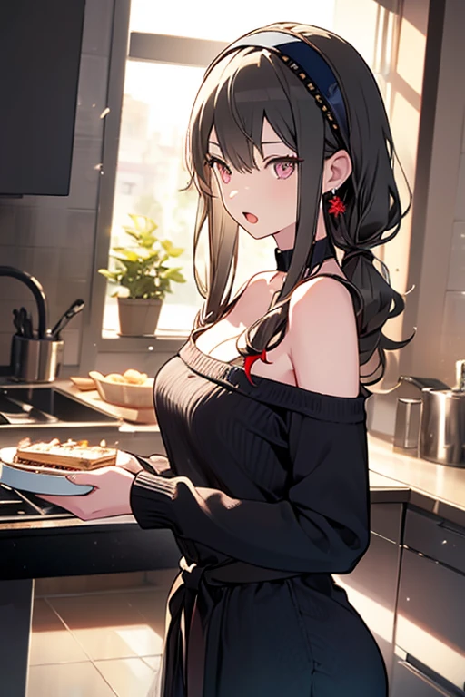 (small breasts:1.3), (perky chest:1.1), (pointed chest:1.0), (Pudding cake magazine cover:1.3),(from above:1.0),(from side:0.9),masterpiece, 1girl, Amazing Cleavage:1.1, thin waist, big ass, Raised sexy, small breast: 1.3, posed cleavage:1.2、solo, looking at viewer, open mouth, have a cute grass of cute beergrass,black hair, dark green eyes, dress, bare shoulders, jewelry, collarbone, sidelocks, hairband, earrings, indoors, off shoulder, :o, sweater, arms behind back, plant, short hair with long locks, gild hairband, off-shoulder dress, sweater dress, off-shoulder sweater, red sweater, dark gord hair, big side hair, very long side hair,is rendered in (masterpiece: 1.2, best quality), with (ultra high resolution) and an exquisite (depth of field). This masterpiece is not only visually stunning but also tells,A scene of cooking in the kitchen by classroom