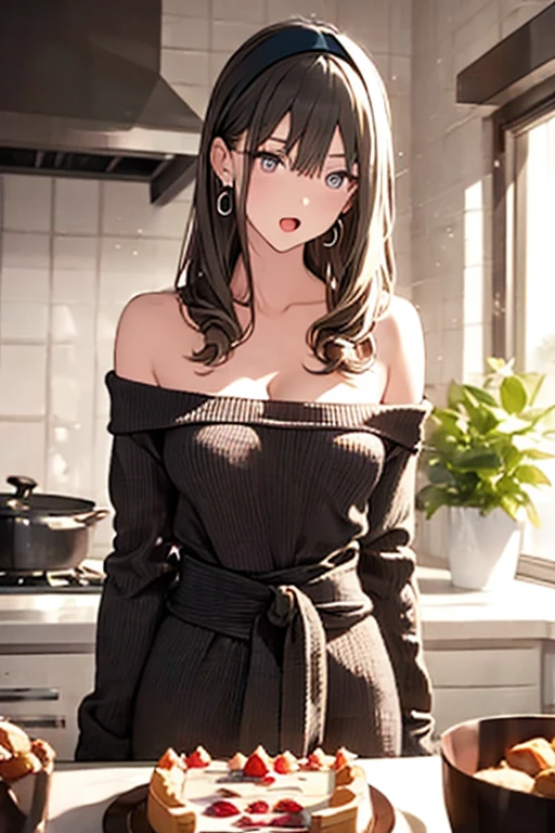 masterpiece, yor, 1girl, Amazing Cleavage:1.3, thin waist, big ass, Raised sexy, medium breast: 1.8 posed cleavage:1.2、solo, looking at viewer, open mouth, have a cup of coffee,black hair, red eyes, dress, bare shoulders, jewelry, collarbone, sidelocks, hairband, earrings, indoors, off shoulder, :o, sweater, arms behind back, plant, short hair with long locks, white hairband, off-shoulder dress, sweater dress, off-shoulder sweater, red sweater, big side hair, very long side hair,is rendered in (masterpiece: 1.2, best quality), with (ultra high resolution) and an exquisite (depth of field). This masterpiece is not only visually stunning but also tells, make of cake cooking ,in the kitchen
