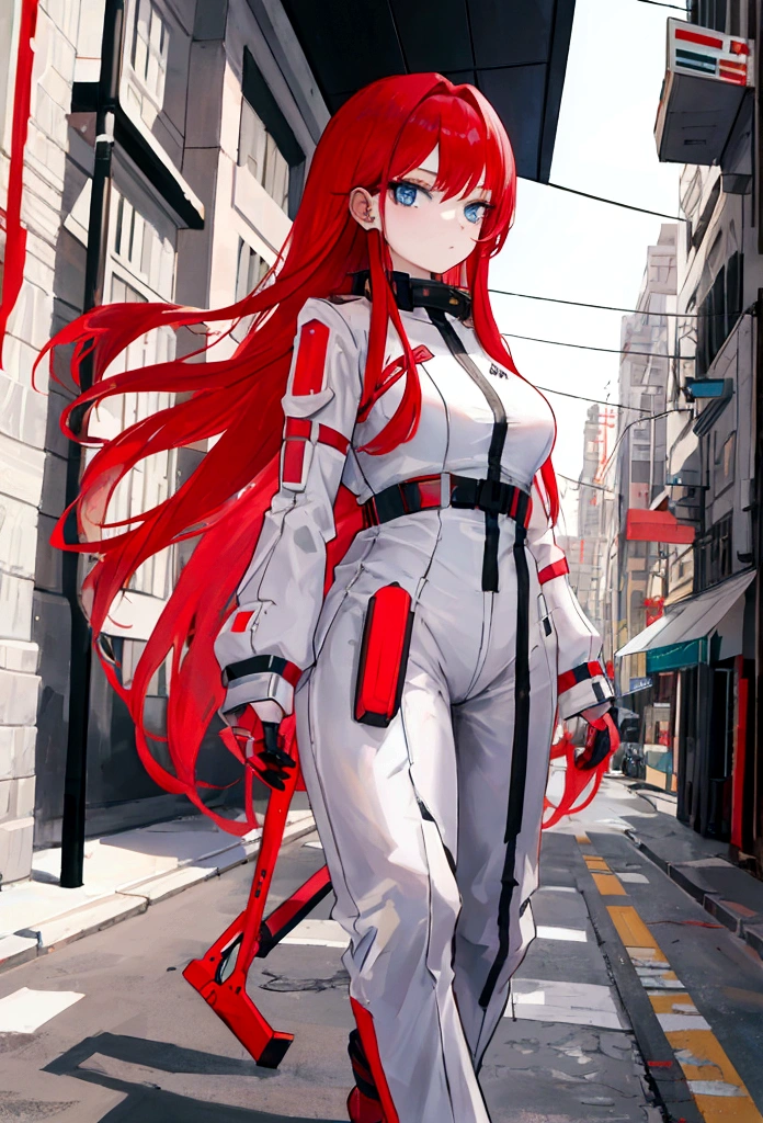 (work of art), 1 girl ,red haired, white , com olhos castanhos, walking in a futuristic city.