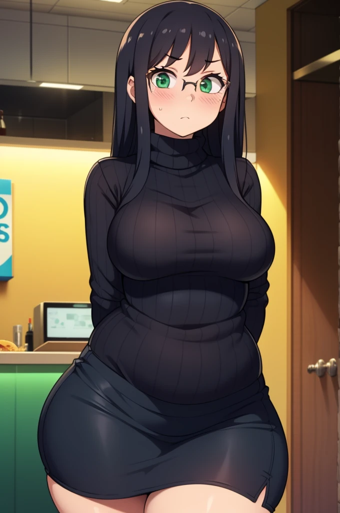 ((Masterpiece)), perfect anatomy, perfect shading, field of depth, (best quality), extremely delicate and beautiful, perfect lighting, detailed face, ultra cute face, cute, ((1girl)), ((solo))

long fluffy black hair, glasses, green eyes, ((blush)), nervous, looking at viewer, sweater, short skirt, medium breasts, (thick thighs), (wide hips), chubby

intricate background, detailed background, fast food restaurant, arms behind back, cowboy shot,
