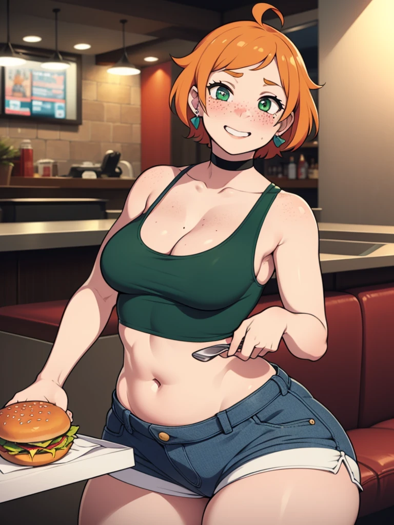 ((Masterpiece)), perfect anatomy, perfect shading, field of depth, (best quality), extremely delicate and beautiful, perfect lighting, detailed face, ultra cute face, cute, ((1girl)), ((solo))

short fluffy orange hair, freckles, green eyes, ((blush)), seductive smile, looking at viewer, tank top, shorts, choker, earrings, cleavage, small breasts, (thick thighs), wide hips, 

intricate background, detailed background, fast food restaurant, holding food,
