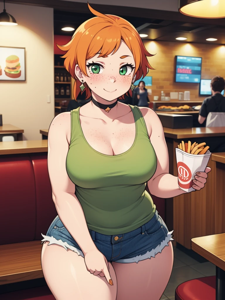 ((Masterpiece)), perfect anatomy, perfect shading, field of depth, (best quality), extremely delicate and beautiful, perfect lighting, detailed face, ultra cute face, cute, ((1girl)), ((solo))

short fluffy orange hair, freckles, green eyes, ((blush)), seductive smile, looking at viewer, tank top, shorts, choker, earrings, cleavage, small breasts, (thick thighs), wide hips, 

intricate background, detailed background, fast food restaurant, holding food,
