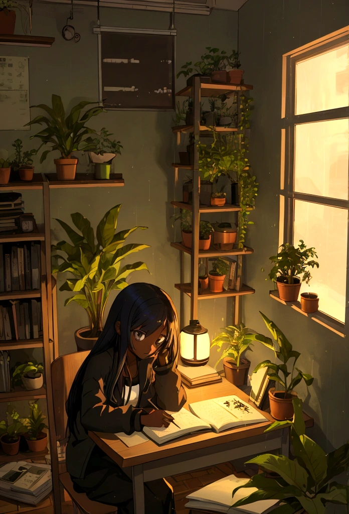 black Girl ,studying in cozy room at night, , 2D style anime, lo fi, hard disk, dark environment, plants, coffee, rainy day, plants, homework,