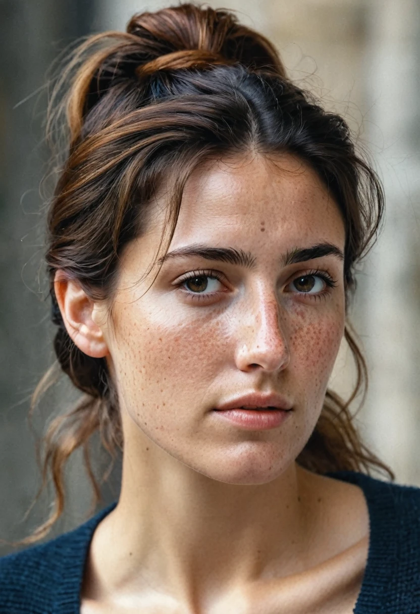 Portrait of Roberta Gemma, italian woman, 30 years old, face highly detailed, natural skin with light freckles, light make-up, hair up with a ponytail, sad.