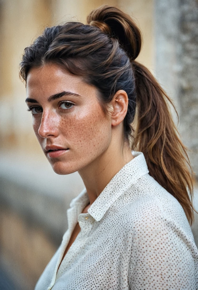 Portrait of Roberta Gemma, italian woman, 30 years old, face highly detailed, natural skin with light freckles, light make-up, hair up with a ponytail, sad.