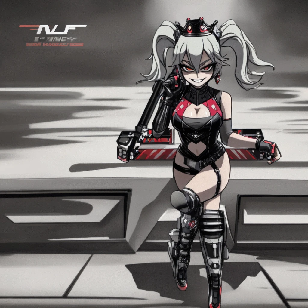 harley queen sticker, harley queen clothing, crossed hands position, A gun in each hand, harley queen volleys, outfit de harley queen, looking at the camera with a mocking and irreverent smile, gta VI style, solid background, UHD