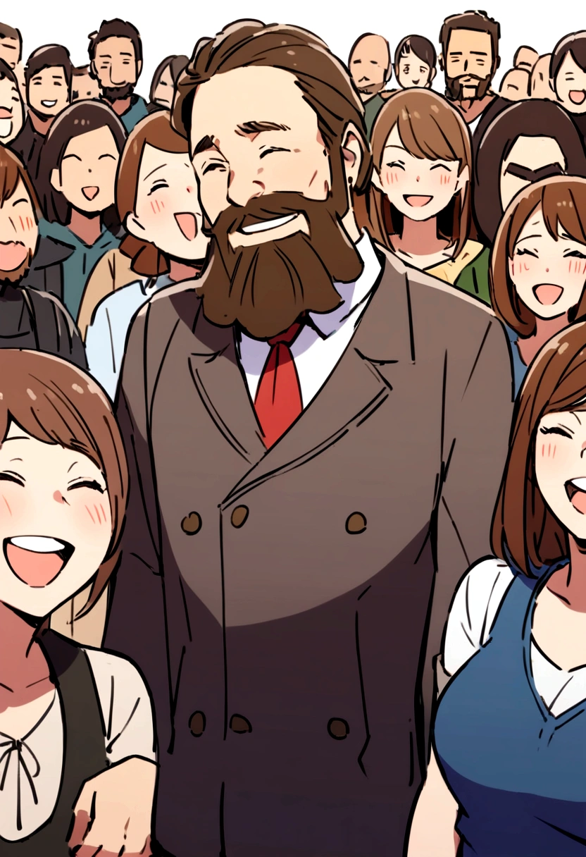  laughing man with medium brown hair and medium beard next to a bunch of people