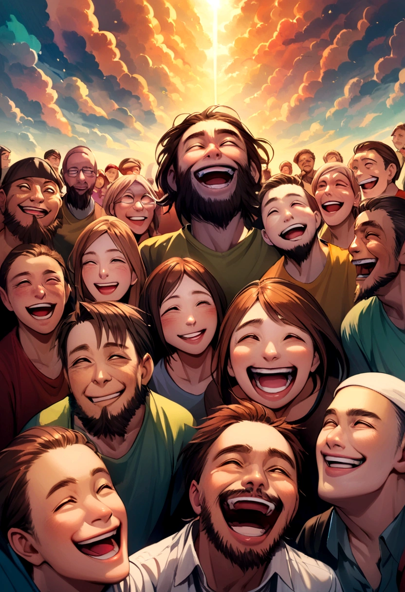 laughing man with medium brown hair and medium beard next to a bunch of people