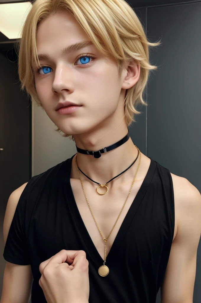 male person of about 18 years old, He is a boy with golden blonde hair..
 with two different colors of eye; one crimson red eye and one light blue eye.
 clear skin.
 black shirt, with a necklace attached to the neck like a black choker with golden touches. kawaii anime style!!