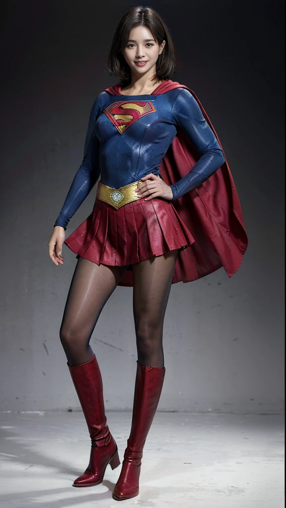 No background、(((Beautiful legs in black tights.)))、(((Legally express the beauty of your smile)))、((((Make the most of your original images)))、(((Supergirl Costume)))、(((Beautiful very short hair)))、(((suffering)))、(((Please wear black tights....、Wear red boots)))、((Best image quality、8K))、((Highest quality、8K、masterpiece:1.3))、(((Preserve background )))、Sharp focus:1.2、Beautiful woman with perfect figure:1.4、Slim Abs:1.2、Wet body:1.5、Highly detailed face and skin texture、8K