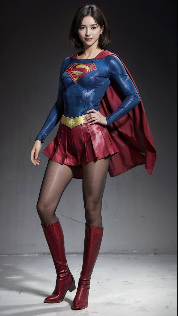 No background、(((Beautiful legs in black tights.)))、(((Legally express the beauty of your smile)))、((((Make the most of your original images)))、(((Supergirl Costume)))、(((Beautiful very short hair)))、(((suffering)))、(((Please wear black tights....、Wear red boots)))、((Best image quality、8K))、((Highest quality、8K、masterpiece:1.3))、(((Preserve background )))、Sharp focus:1.2、Beautiful woman with perfect figure:1.4、Slim Abs:1.2、Wet body:1.5、Highly detailed face and skin texture、8K