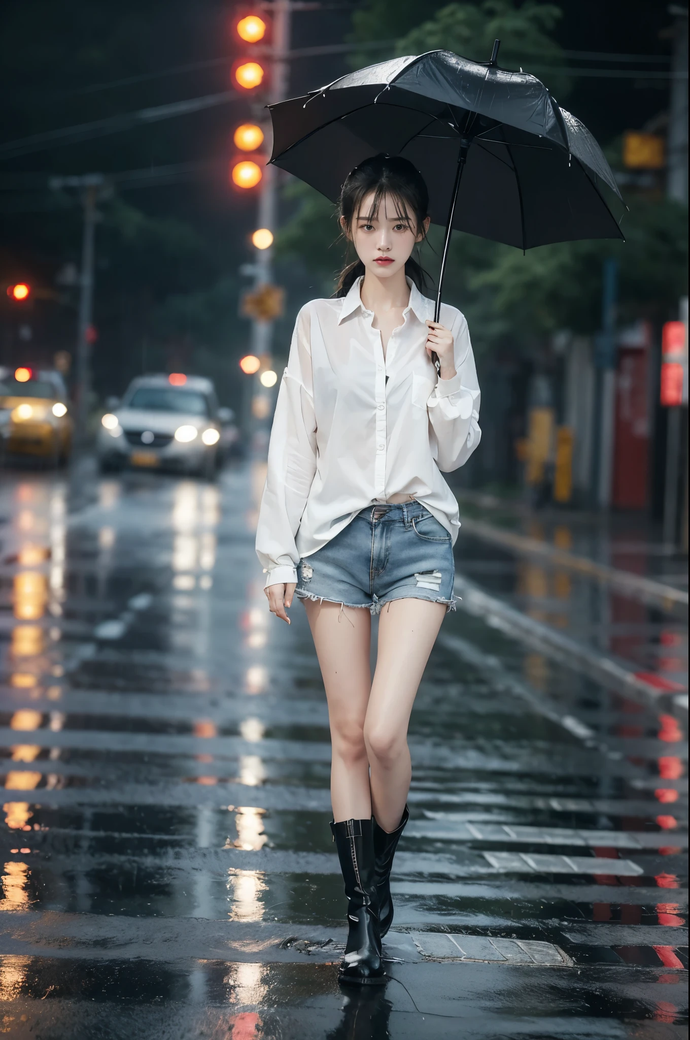 (((best quality))),(((ultra detailed))),(((masterpiece))),illustration,1girl, young,solo, slim,thin,short ponytail,small breasts,flat chest,white collared shirt,shorts,slender legs,boots,standing,rainy night, heavy rain, drenched clothes, melancholy expression, solitude, tear rolling down cheek, wet hair, empty streets, dimly lit, deserted environment, sound of rain, footsteps, discarded umbrella on the ground, symbol of hope, abandoned, resilience, determination, walking in rain, heartbreak, loss, love fading, loneliness, body language, facial expression, dreary atmosphere, rain-soaked streets, somber mood, viewer engagement,full body