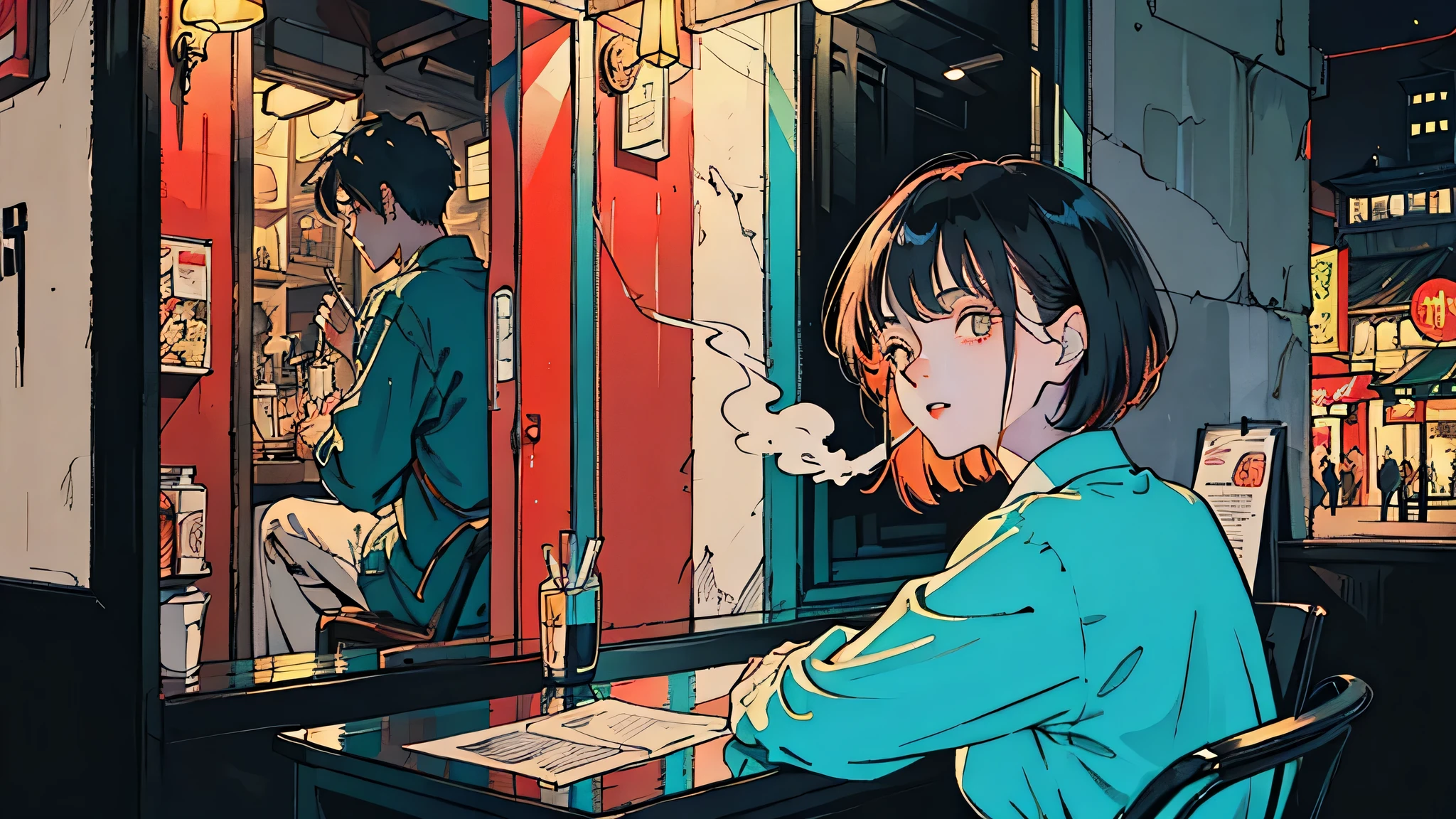 Beautiful Asian redhead sitting in a restaurant at night, Visible from the window, face perfect, oculos de sol, Smoking white Taylormade cigarettes, Neon black, (back-illuminated: 1.1), hard shadows, work of art, highest quallity, complex, model shooting style, vintage, Film grain, incomplete details