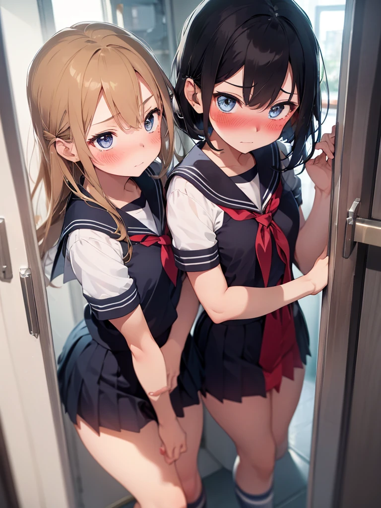 2 girls, shoved inside a cell, ((sailor uniform, short sleeve, tight clothing, miniskirt)), (inside cell:1.5), (blushing:1.5), (blushing, worried, teary eyes), perfect body, perfect face, perfecte eyes, beautiful eyes, detailed eyes, image taken from inside