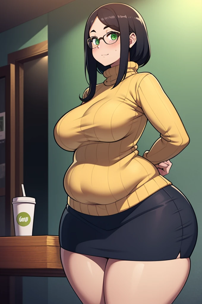 ((Masterpiece)), perfect anatomy, perfect shading, field of depth, (best quality), extremely delicate and beautiful, perfect lighting, detailed face, ultra cute face, cute, ((1girl)), ((solo))

long fluffy black hair, glasses, green eyes, ((blush)), nervous, looking at viewer, sweater, short skirt, medium breasts, (thick thighs), (wide hips), chubby, 

intricate background, detailed background, fast food restaurant, arms behind back, cowboy shot,
