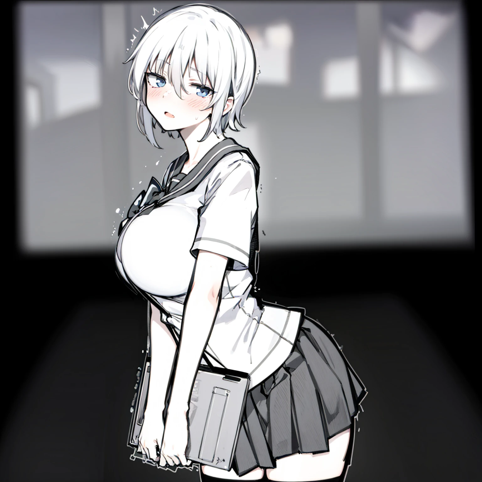 1 girl standing, short hair, sailor uniform, black thighhighs, (bursting disproportionately huge breasts:1.2), blue skirt, holding a note, BREAK, nose blush, orgasm