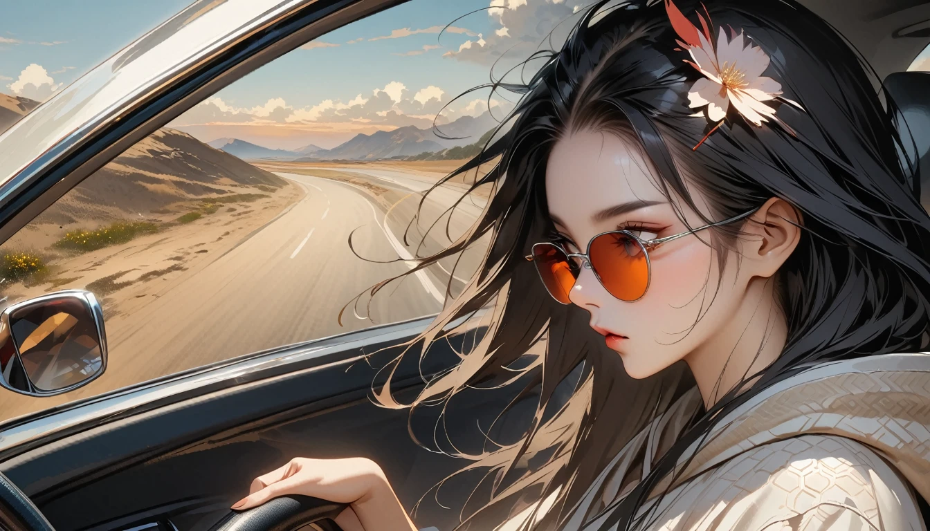 ((8k of extremely detailed CG unit, Masterpiece, high resolution, highest quality, highest quality real texture skin)), (wearing Japanese pattern headphones), ((1 girl)), (((side view))), (((Holding the steering wheel of a car and driving))), (((sunglasses))), (Japanese pattern hoodie, Japanese-style shorts), (Black hair, messy hair, beige skin), (surreal, digital painting), (((Hair fluttering in the wind)))