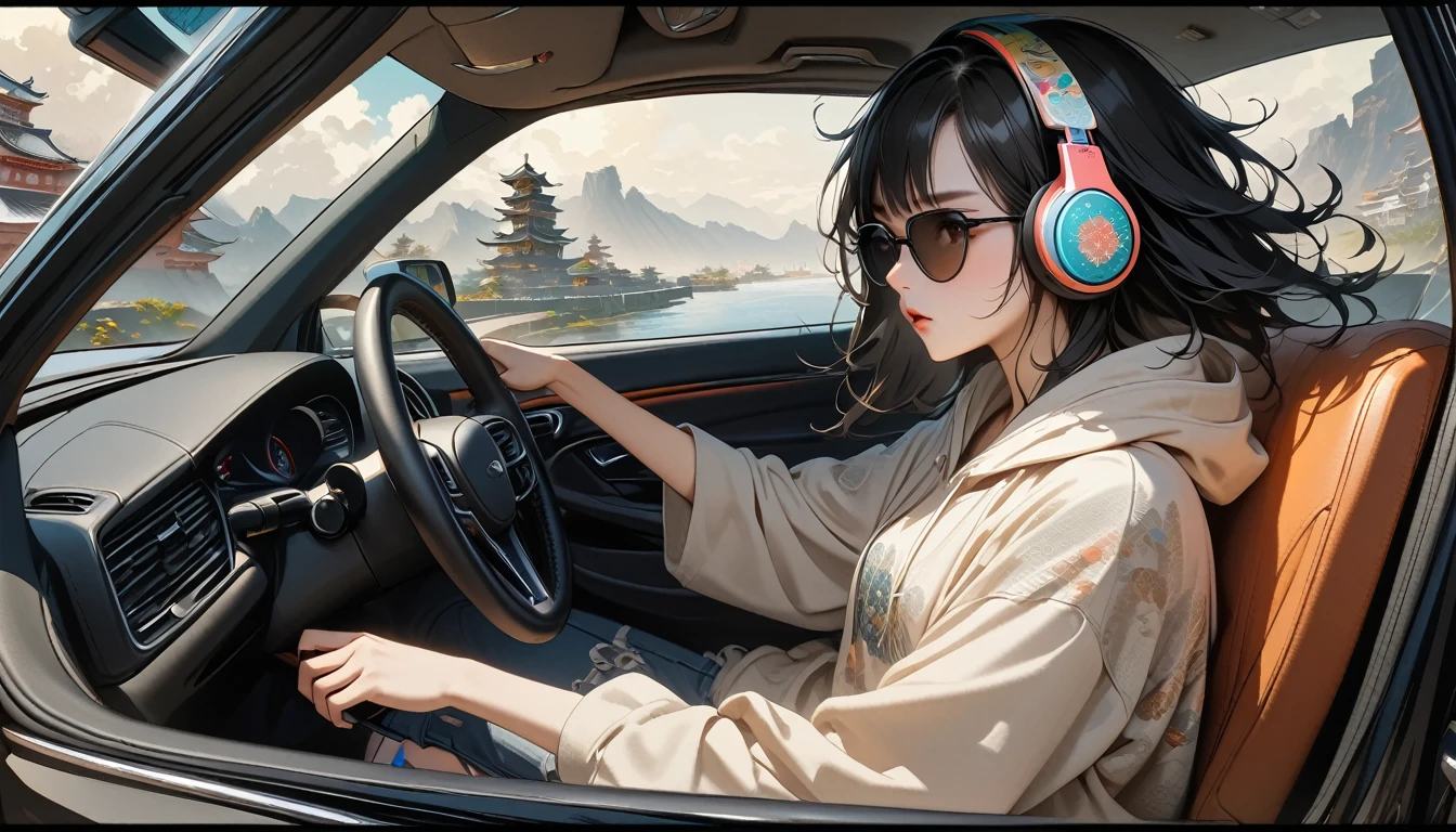 ((8k of extremely detailed CG unit, Masterpiece, high resolution, highest quality, highest quality real texture skin)), (wearing Japanese pattern headphones), ((1 girl)), (((side view))), (((Holding the steering wheel of a car and driving))), (((sunglasses))), (Japanese pattern hoodie, Japanese-style shorts), (Black hair, messy hair, beige skin), (surreal, digital painting), (((Hair fluttering in the wind)))