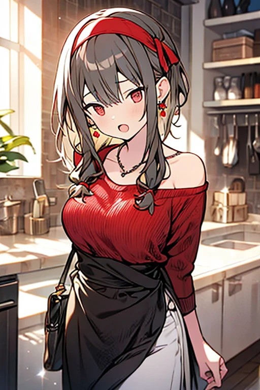 (dynamic angle:1.3, front view:1.1, breast focus:1.3, from below:1.2), (dynamic posing:1.5, sexy posing:1.3, leaning forward), (seductive smiling:1.3),masterpiece, 1girl, (pointed chest:1.3), cleavage:1.1,(double breasted:1.4,under bust:1.4), Amazing Cleavage:1.5, thin waist, cute ass, Raised sexy, (small breast: 1.6) posed cleavage:1.4、solo, looking at viewer, open mouth, have a grass of beergrass,black hair, blue eyes, bare shoulders, jewelry, collarbone, sidelocks, hairband, earrings, indoors, (red off shoulder sweater dress:1.3,skirts:1.6), arms behind back, short hair with long locks, blue white hairband, big side hair, very long side hair is rendered in (masterpiece: 1.2, best quality), with (ultra high resolution) and an exquisite (depth of field). This masterpiece is not only visually stunning but also tells, a scene of cooking in the kitchen