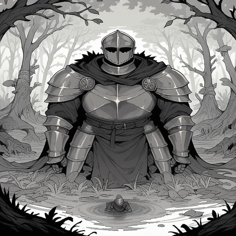 8-bit, black and white, Knight, swamp lands, pixelated, gothic,