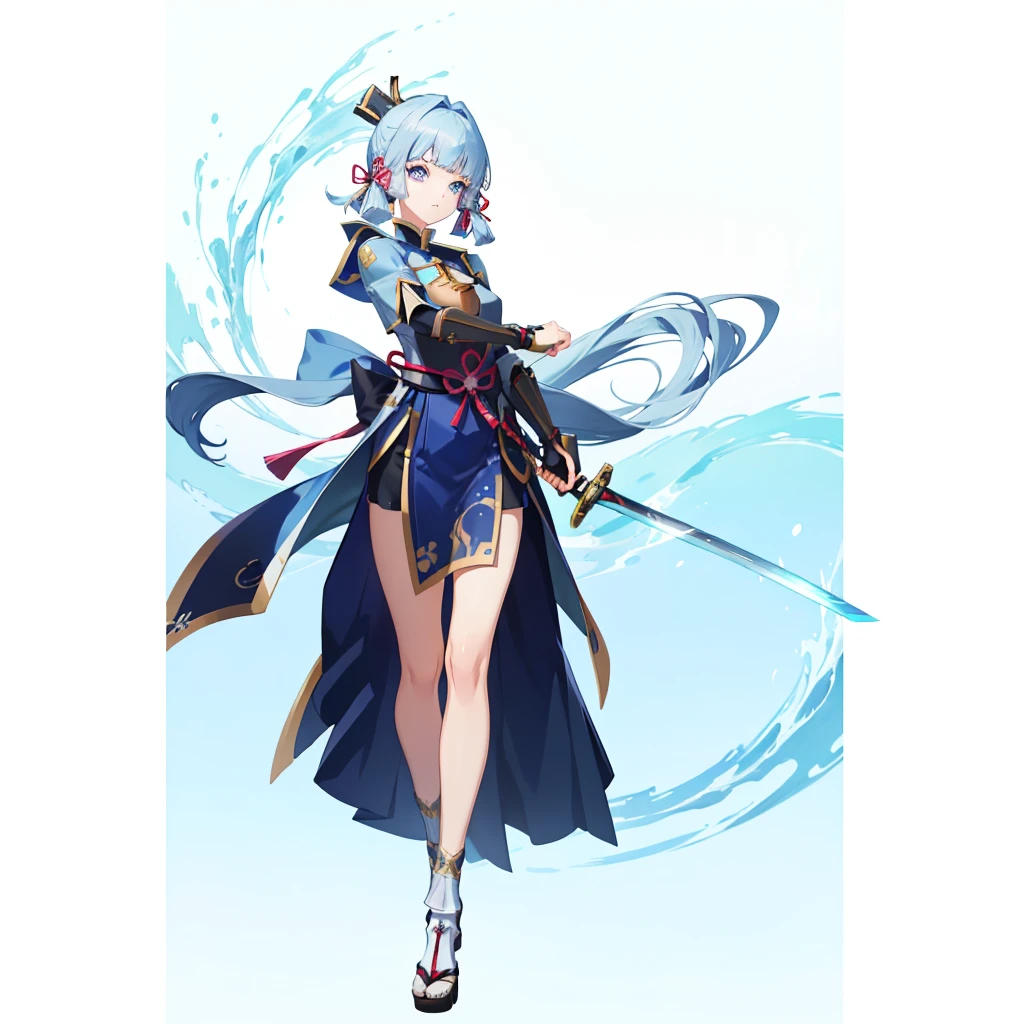 View the viewer, 1 Girl,  Highest quality, Blue Hair, blue eyes, Japanese style armor, Sword in hand, electricity, kamisato ayaka, whole body, blush, Serious face、Very detailed、high resolution、High resolution、Written boundary depth,White Background,A sword as big as your body