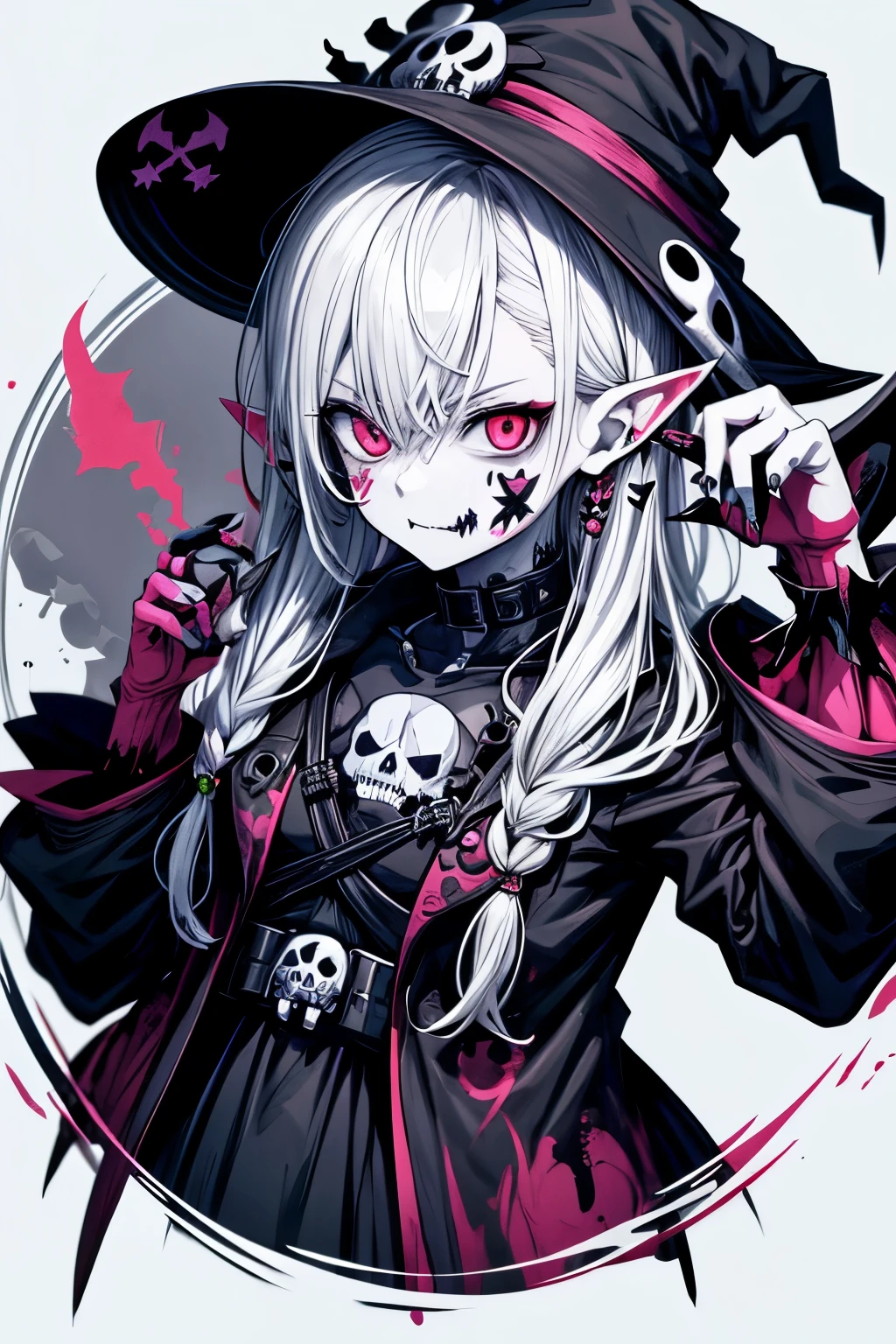 anime zombie witch design, crossbones, skulls, street wear design, pro vector, Horror style, full design, 6 colors only, solid colors, no shadows, full design, sticker, bright colors, white background.