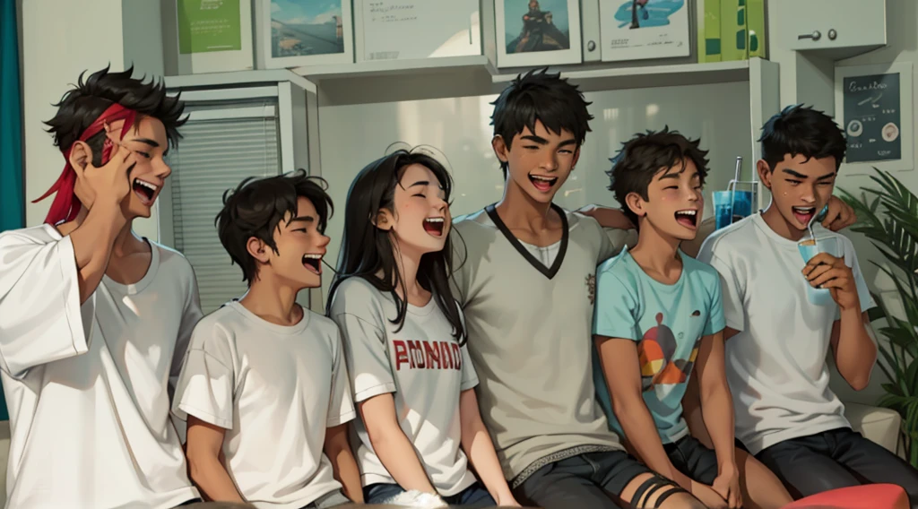 A group of 16-year-olds with t-shirts, there are teenage women and men, they are happy, singing and laughing at a party, they are sitting on a sofa enjoying drinks and food.