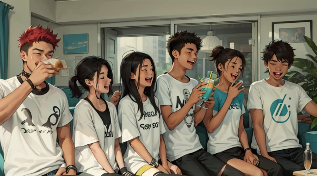 A group of -yelds wt-shirts, there are teenage women and men, they are happy, singing and laughing at a party, they are sitting on a sofa enjoying drinks and food.