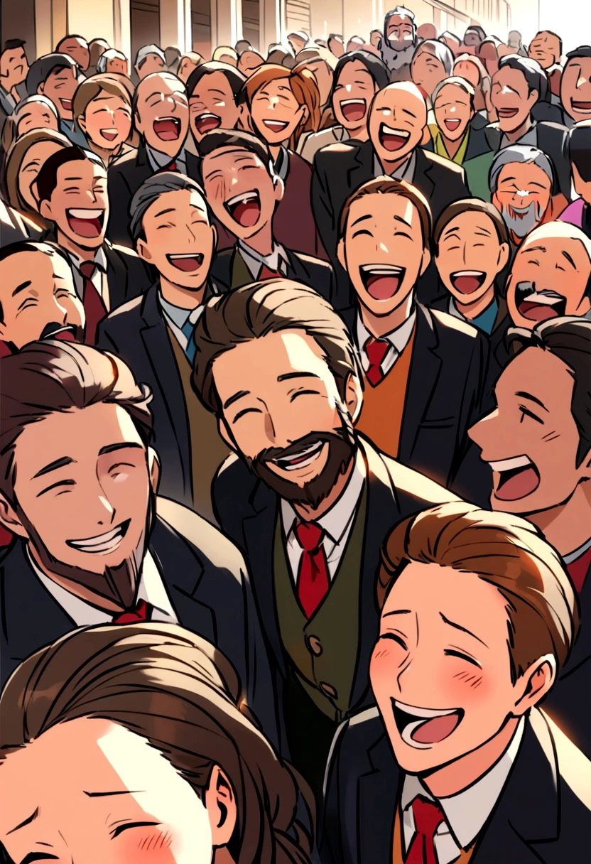 laughing man with medium brown hair and medium beard next to a bunch of people