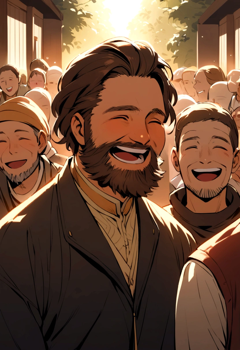  laughing man with medium brown hair and medium beard next to a bunch of people