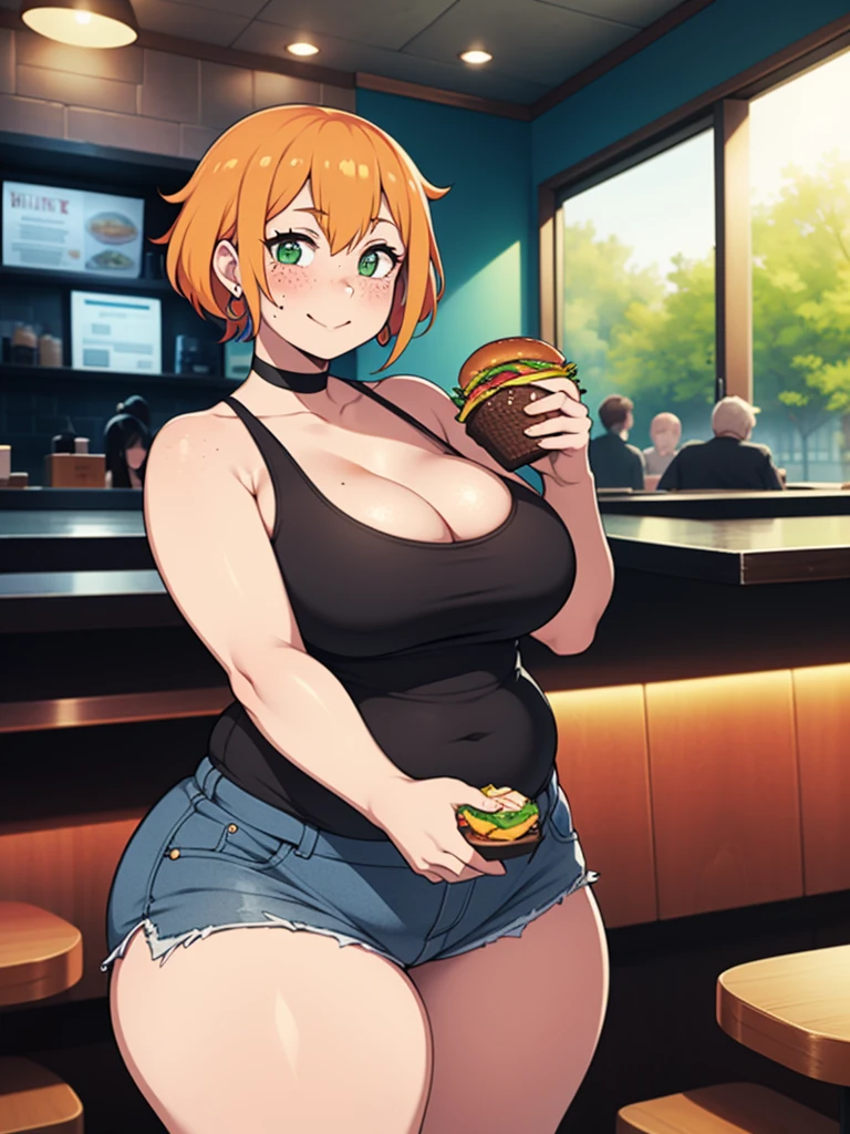 ((Masterpiece)), perfect anatomy, perfect shading, field of depth, (best quality), extremely delicate and beautiful, perfect lighting, detailed face, ultra cute face, cute, ((1girl)), ((solo))

short fluffy orange hair, freckles, green eyes, ((blush)), seductive smile, looking at viewer, tank top, shorts, choker, earrings, cleavage, small breasts, ((thick thighs)), (wide hips), fat ass, chubby,

intricate background, detailed background, fast food restaurant, holding food,
