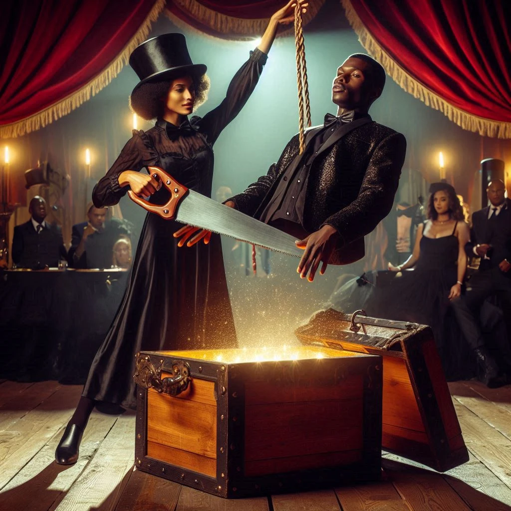 Black men and Black women watching circus magic show, Black gentlemen, dramatic highres photo