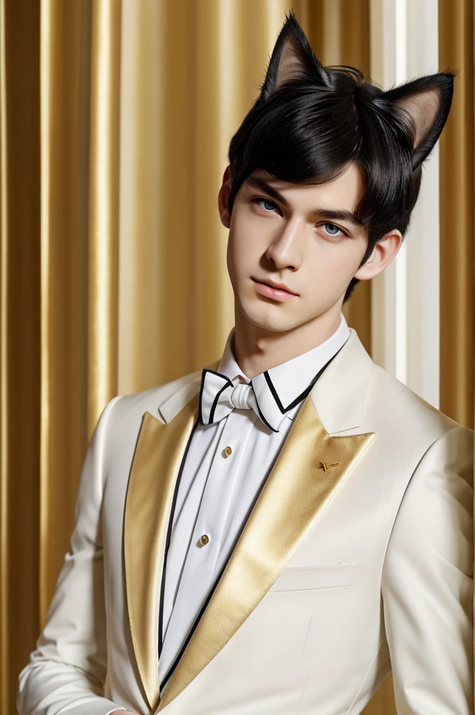 ((best quality)), ((masterpiece)), (detailed), 1boy, young man, pale skin, black hair, medium hair, curtain hair, (golden eyes), perfect eyes, mole under nose, (cat ears), white suit, butler